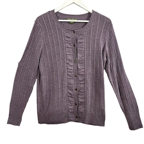 Eddie Bauer Womens Long Sleeve Button Up Cable Knit Cardigan Sweater Purple Sz L - Picture 1 of 8